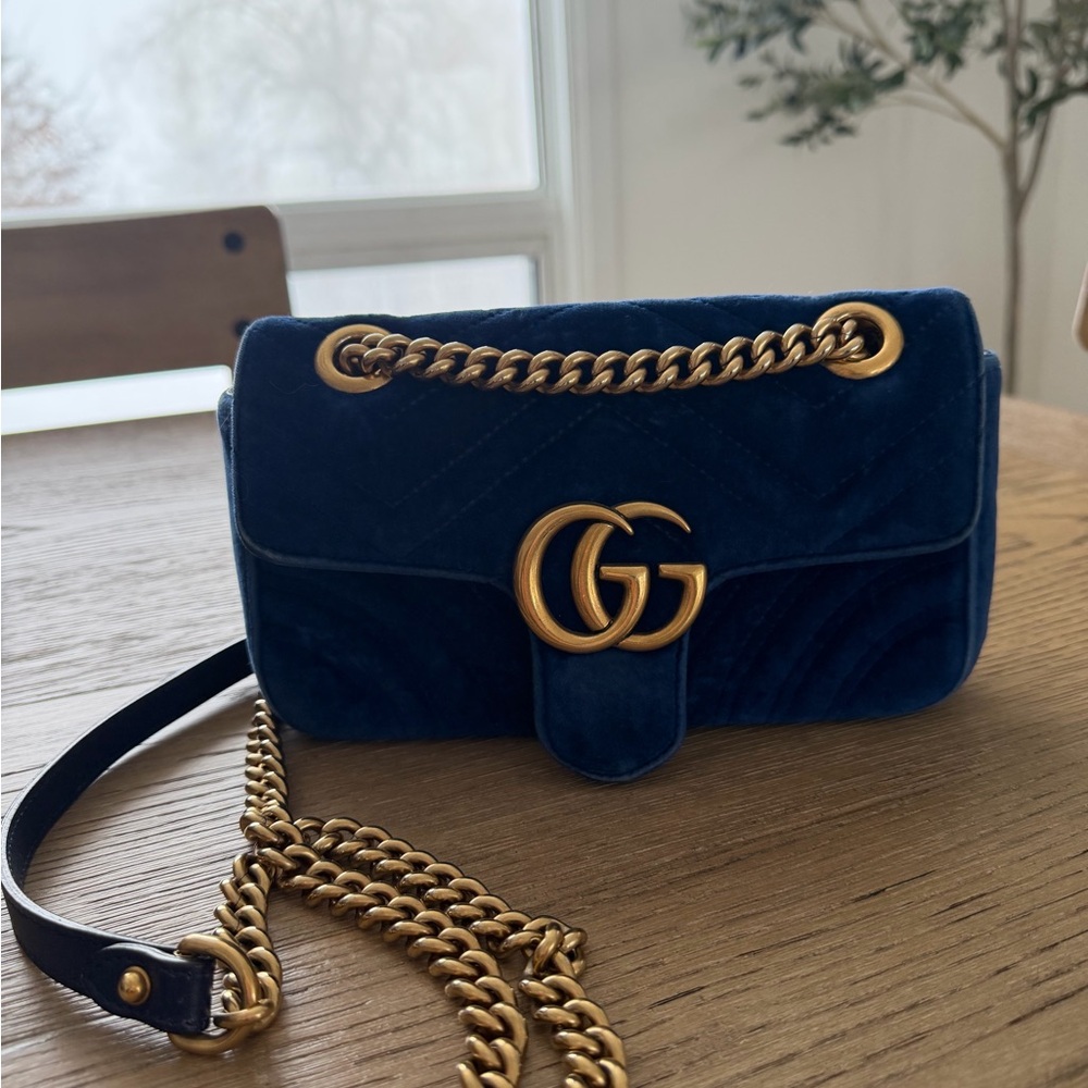 Gucci Blue Velvet Mini Shoulder Bag with Gold Hardware
